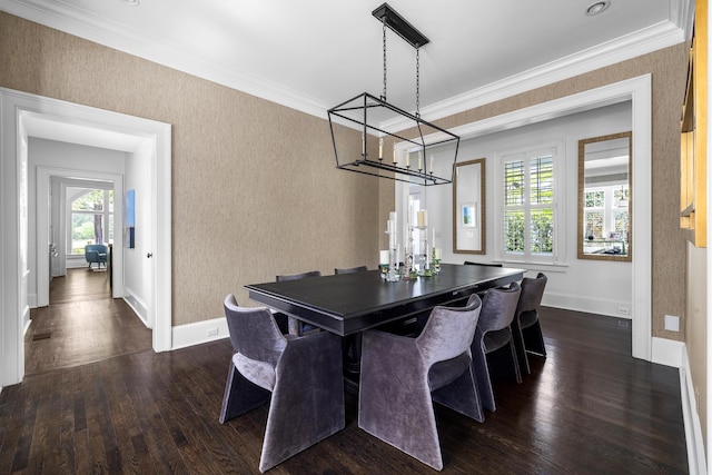 11 Dalton St, Daniel Island, SC 29492 - dining room with a chandelier, dark wood-style floors, baseboards, ornamental molding, and wallpapered walls
