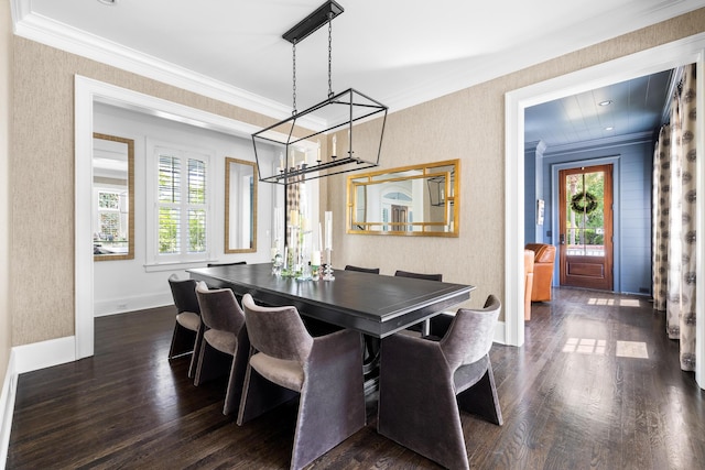 11 Dalton St, Daniel Island, SC 29492 - dining area with a chandelier, dark wood-style floors, ornamental molding, baseboards, and wallpapered walls