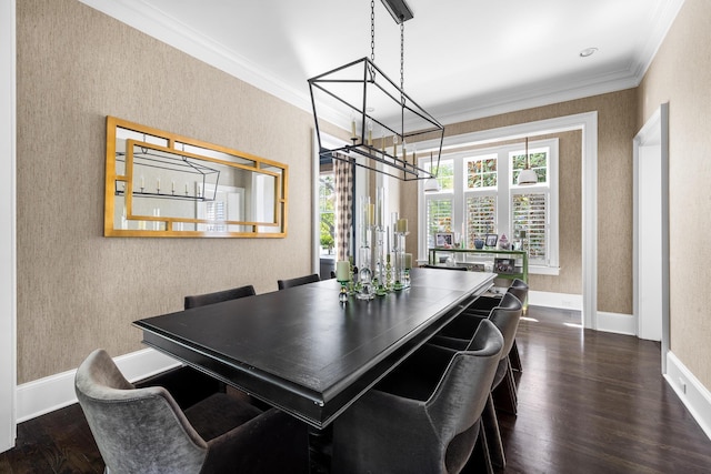 11 Dalton St, Daniel Island, SC 29492 - dining space with a chandelier, crown molding, dark wood finished floors, baseboards, and wallpapered walls