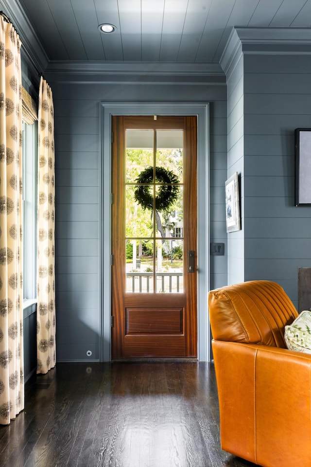 11 Dalton St, Daniel Island, SC 29492 - entryway featuring ornamental molding, dark wood-style floors, recessed lighting, and wood walls