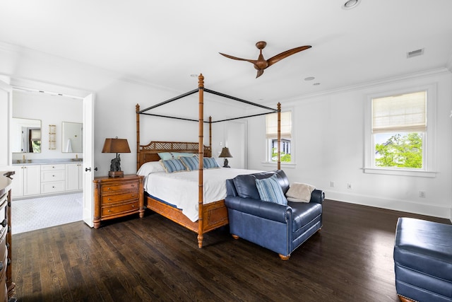 11 Dalton St, Daniel Island, SC 29492 - bedroom with ornamental molding, dark wood finished floors, baseboards, ensuite bathroom, and recessed lighting