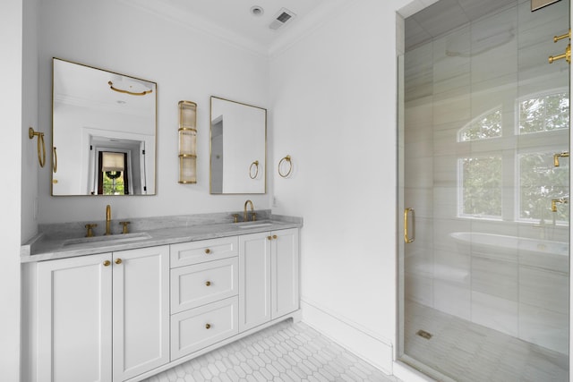 11 Dalton St, Daniel Island, SC 29492 - full bathroom with crown molding, a stall shower, tile patterned flooring, double vanity, and baseboards