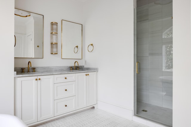 11 Dalton St, Daniel Island, SC 29492 - bathroom with tile patterned floors, a shower stall, double vanity, and crown molding