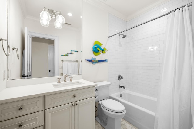 11 Dalton St, Daniel Island, SC 29492 - bathroom with crown molding, shower / bath combination with curtain, toilet, vanity, and a chandelier