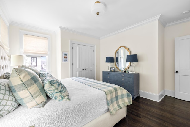 11 Dalton St, Daniel Island, SC 29492 - bedroom with crown molding, dark wood-style floors, baseboards, and a closet