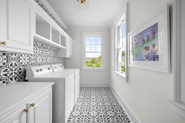 11 Dalton St, Daniel Island, SC 29492 - laundry area featuring baseboards, washer and clothes dryer, cabinet space, and ornamental molding