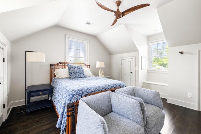 11 Dalton St, Daniel Island, SC 29492 - bedroom featuring dark wood-style floors, vaulted ceiling, baseboards, and ceiling fan