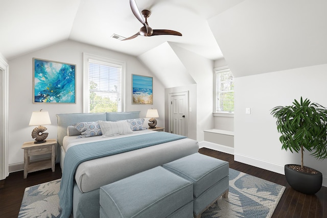 11 Dalton St, Daniel Island, SC 29492 - bedroom featuring vaulted ceiling, dark wood-type flooring, ceiling fan, and baseboards