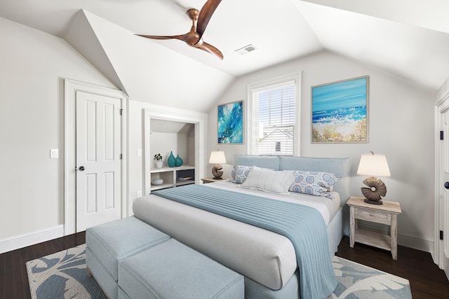 11 Dalton St, Daniel Island, SC 29492 - bedroom featuring vaulted ceiling, baseboards, dark wood-type flooring, and a ceiling fan