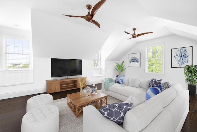 11 Dalton St, Daniel Island, SC 29492 - living area featuring a ceiling fan, wood finished floors, lofted ceiling, and baseboards