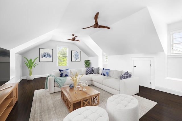 11 Dalton St, Daniel Island, SC 29492 - living room featuring wood finished floors, ceiling fan, and lofted ceiling