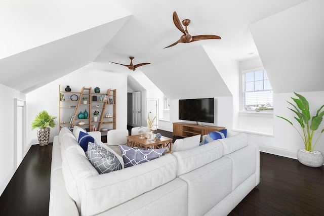 11 Dalton St, Daniel Island, SC 29492 - living room with a ceiling fan, dark wood finished floors, lofted ceiling, and baseboards
