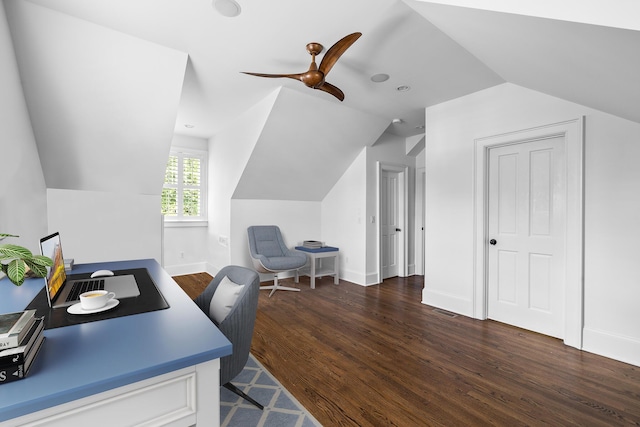 11 Dalton St, Daniel Island, SC 29492 - home office featuring vaulted ceiling, wood finished floors, ceiling fan, and baseboards