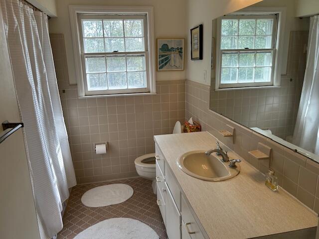 full bath featuring toilet, tile walls, a wealth of natural light, and vanity