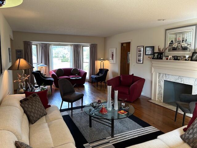 living room with a premium fireplace and wood finished floors