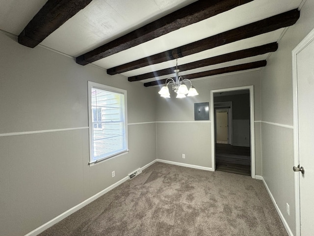 36 Guerry Cir, Goose Creek, SC 29445 - empty room with beam ceiling, a chandelier, carpet flooring, and baseboards