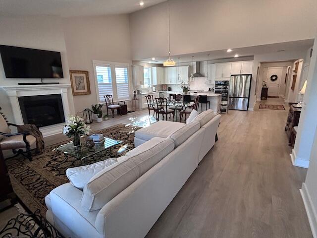 living room featuring light hardwood / wood-style flooring and high vaulted ceiling