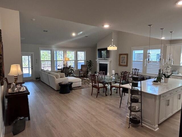 living room featuring a healthy amount of sunlight, lofted ceiling, and light wood-type flooring