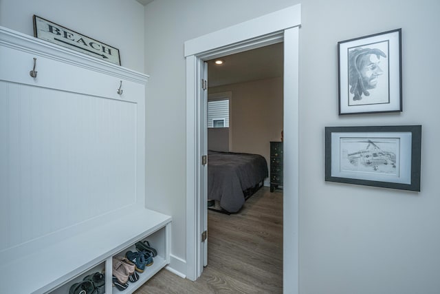 mudroom with hardwood / wood-style flooring