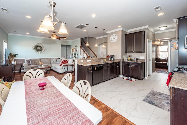 kitchen featuring pendant lighting, marble finish floor, open floor plan, dishwasher, and a peninsula