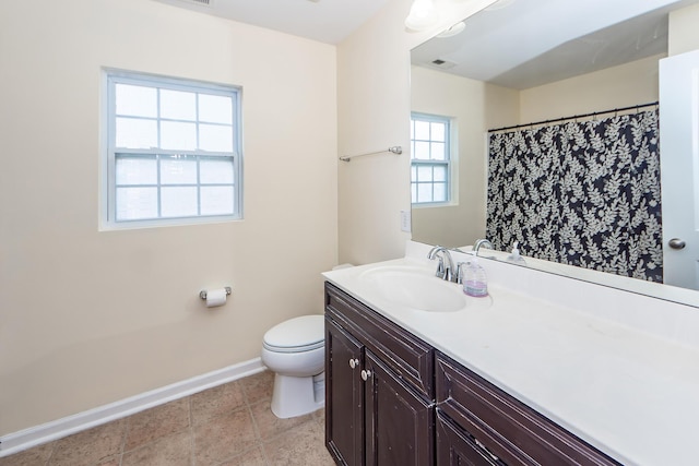 bathroom with tile patterned flooring, toilet, visible vents, vanity, and baseboards