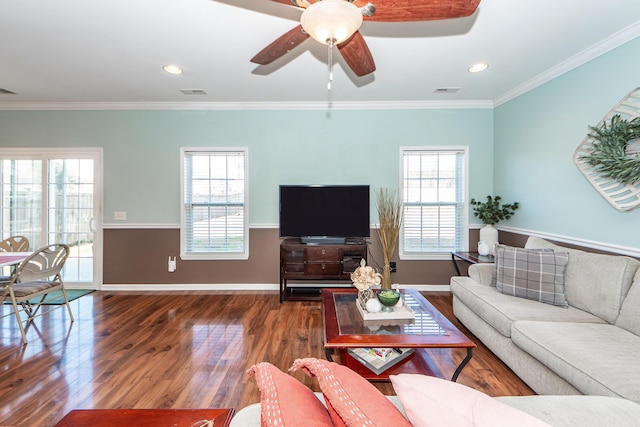 living room with baseboards, ornamental molding, dark wood finished floors, and a wealth of natural light