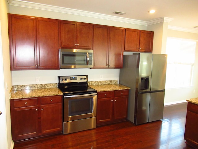 kitchen with light stone countertops, appliances with stainless steel finishes, crown molding, and dark hardwood / wood-style flooring