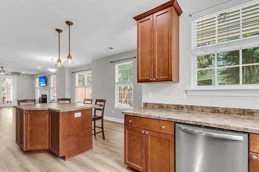 350 Cypress Walk Way, Wando, SC 29492 - kitchen featuring dishwasher, light wood-style flooring, brown cabinets, and a fireplace