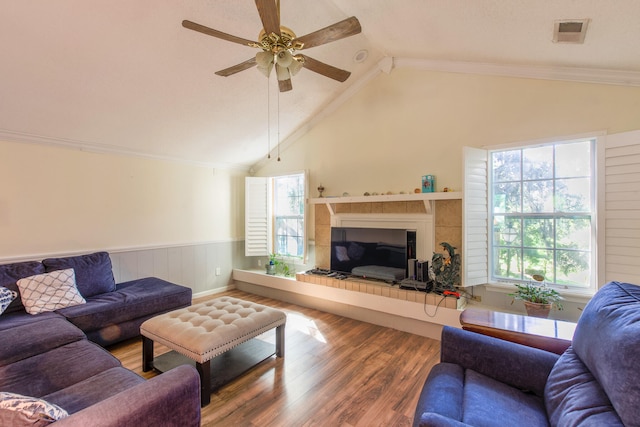 living room featuring a fireplace, hardwood / wood-style flooring, plenty of natural light, and ceiling fan