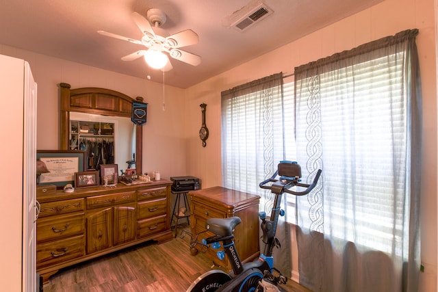 exercise area with a wealth of natural light, dark wood-type flooring, and ceiling fan