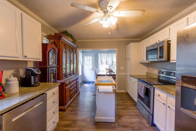 kitchen featuring white cabinets, appliances with stainless steel finishes, dark hardwood / wood-style floors, and ceiling fan