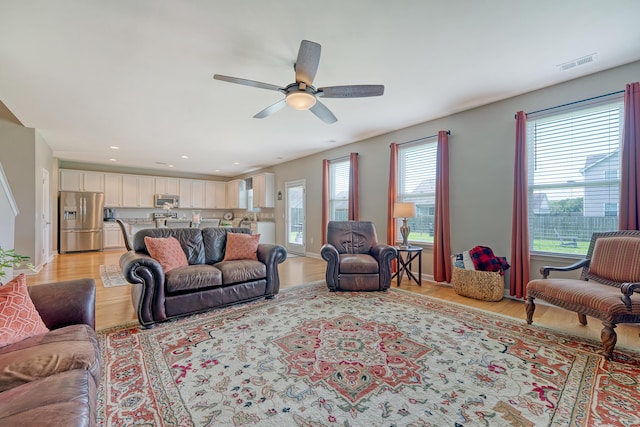 109 Cypress Plantation Rd, Moncks Corner, SC 29461 - living room featuring light wood-style floors, ceiling fan, and recessed lighting