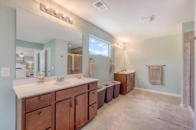109 Cypress Plantation Rd, Moncks Corner, SC 29461 - bathroom with a stall shower, two vanities, a garden tub, and a ceiling fan
