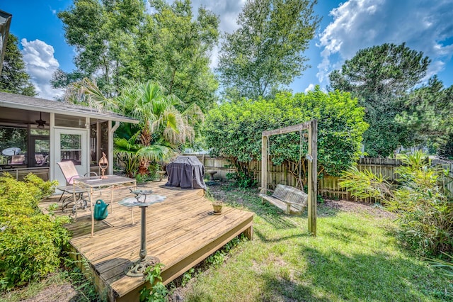 wooden deck with fence private yard and a yard