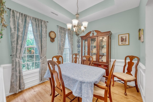 dining room with light wood finished floors, visible vents, wainscoting, a tray ceiling, and a chandelier