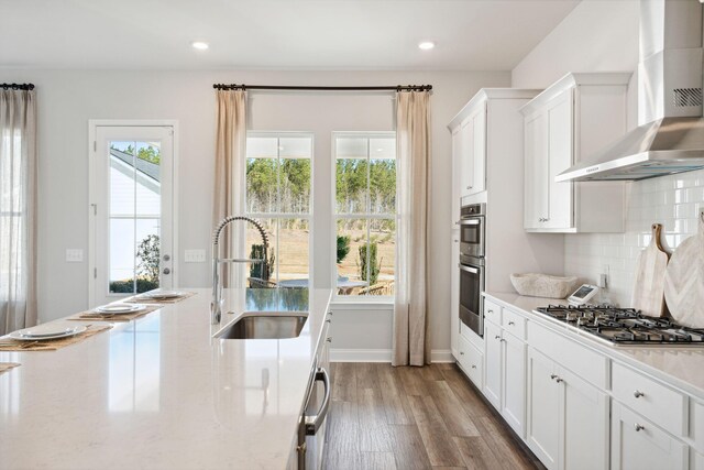 782 Clay Field Trl, Summerville, SC 29485 - kitchen with wood finished floors, a sink, white cabinets, wall chimney range hood, and appliances with stainless steel finishes
