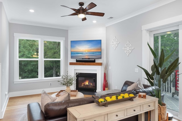 living room with a large fireplace, a wealth of natural light, ceiling fan, and light hardwood / wood-style flooring