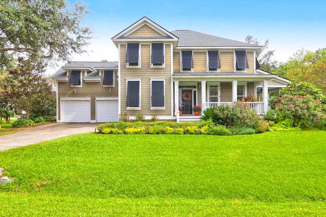 view of front of home with a garage, a front yard, and covered porch