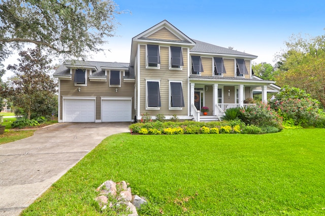 view of front of home with a garage, a porch, and a front yard