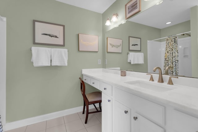 bathroom with tile patterned floors, a shower with shower curtain, and vanity