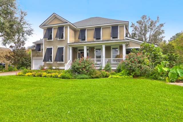 view of front of property featuring a front yard and covered porch