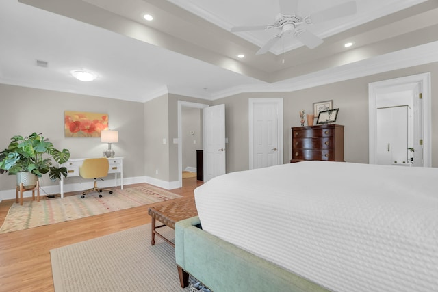 bedroom featuring crown molding, ceiling fan, and wood-type flooring