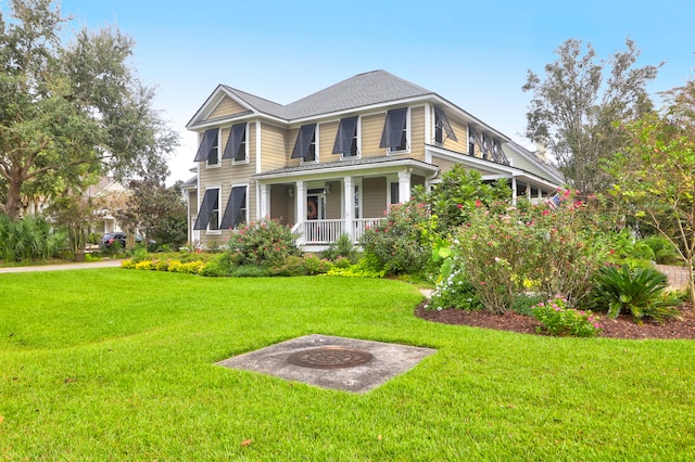 view of front of property with a front yard and covered porch