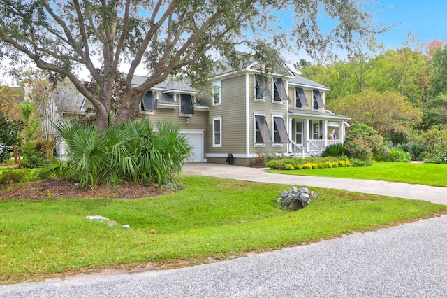 view of front of home with a garage and a front lawn