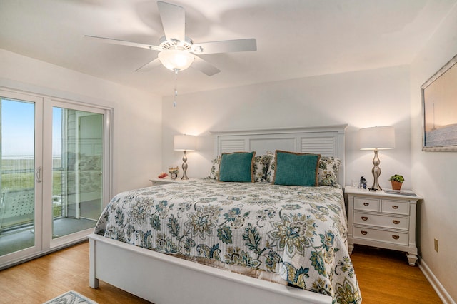 bedroom featuring light wood-type flooring, ceiling fan, and access to exterior