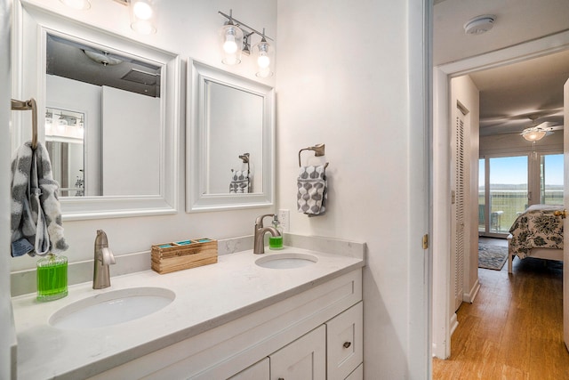 bathroom with hardwood / wood-style floors and vanity