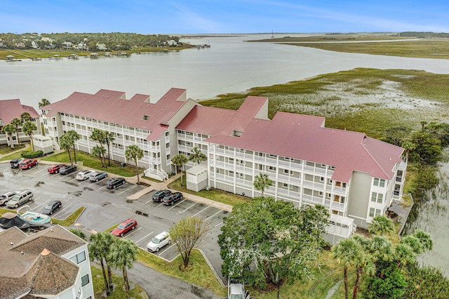 drone / aerial view with a water view