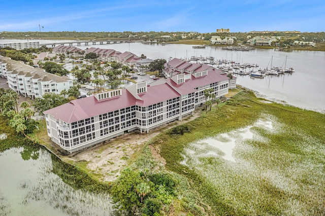 aerial view featuring a water view