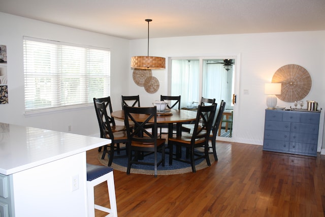 dining area featuring ceiling fan and dark hardwood / wood-style flooring