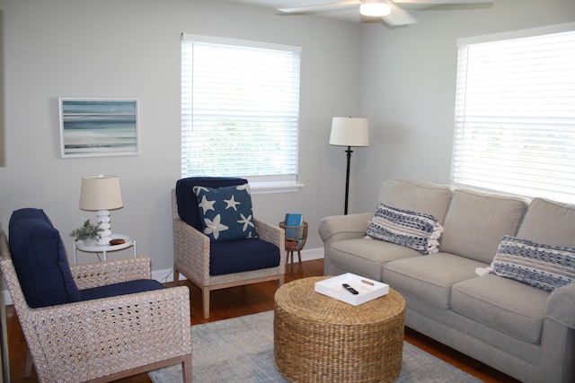 living room with hardwood / wood-style floors and ceiling fan